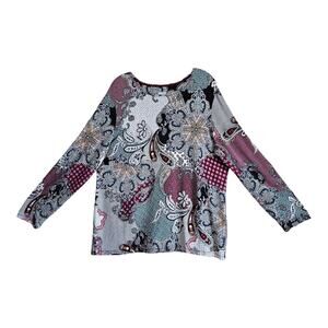 CHICO'S 3 Women's XL Tunic Top Paisley Burgundy Teal Bohemian Long Sleeve 46"